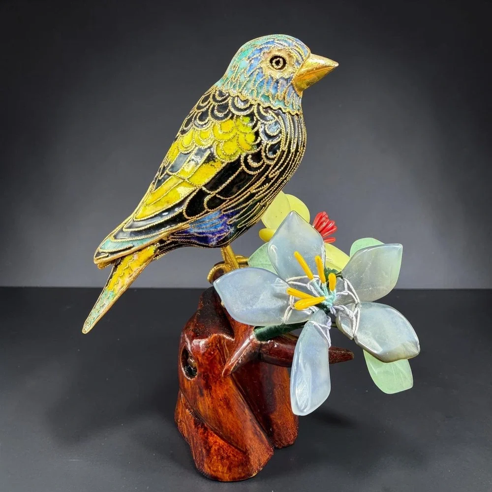 Cloisonne Enamel Bird Figurine Carved Wood Base Quartz Jade Stone Flowers 6in